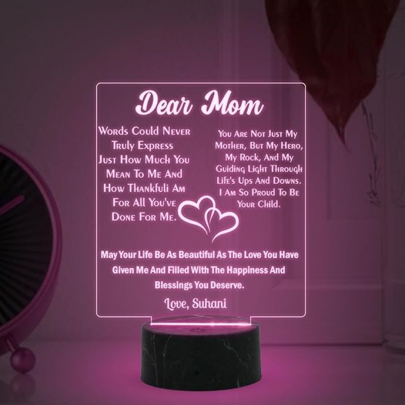 Dear Mom Engraved Night Lamp with Automatic Color Changing Light Customized Name Mothers Day Gift for Mom Memorable & Birthday Gift for Mom from Daughter & Son