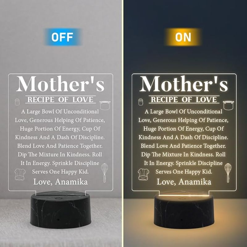 Mother's Engraved night lamp with Warm White Light Customized with Name Mothers Day Gift for Mom | Gift for Mom from Daughter Son