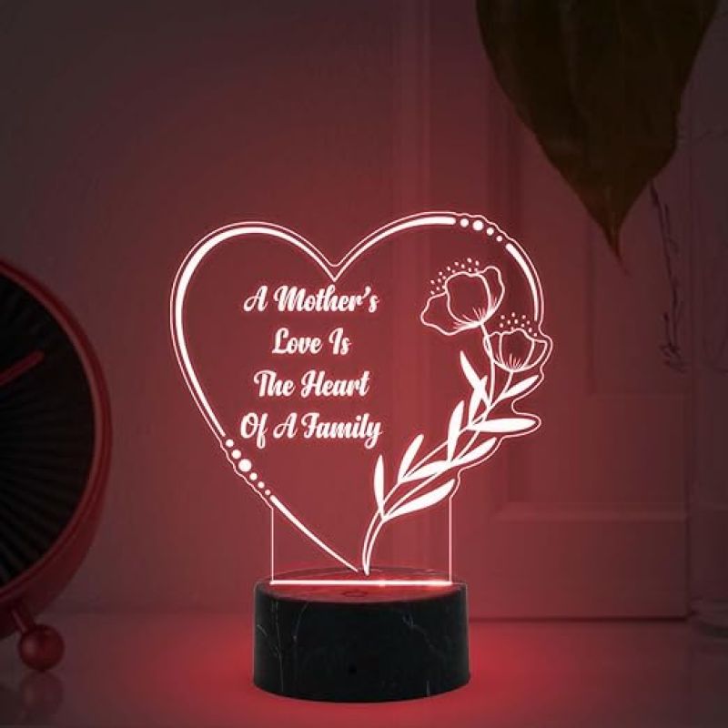 Heart Shape A Mothers Love is The Heart of A Family Engraved Night Lamp with Multicolored Light Best Gift for Mom