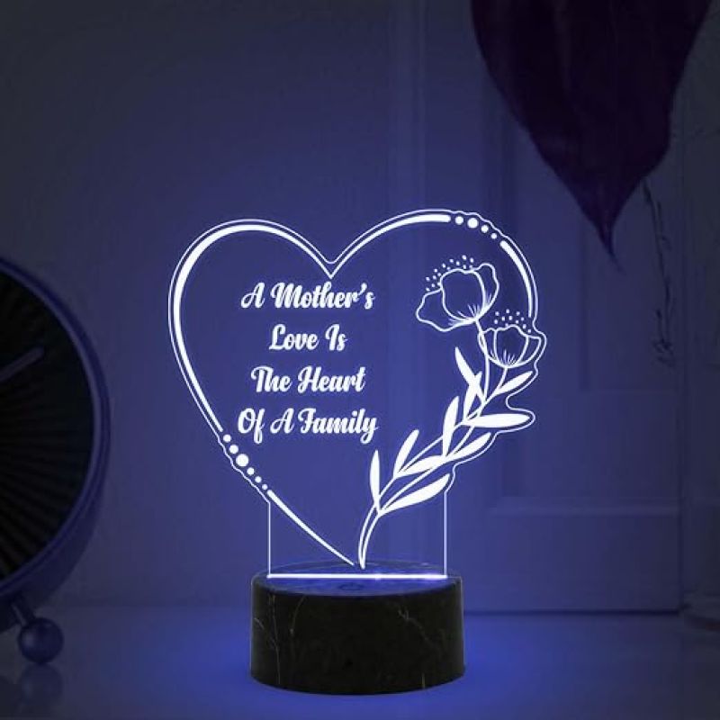 Heart Shape A Mothers Love is The Heart of A Family Engraved Night Lamp with Multicolored Light Best Gift for Mom