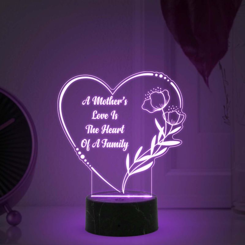 Heart Shape A Mothers Love is The Heart of A Family Engraved Night Lamp with Multicolored Light Best Gift for Mom