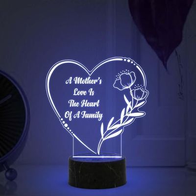 Heart Shape A Mothers Love is The Heart of A Family Engraved Night Lamp with Multicolored Light Best Gift for Mom