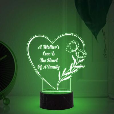 Heart Shape A Mothers Love is The Heart of A Family Engraved Night Lamp with Multicolored Light Best Gift for Mom