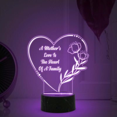 Heart Shape A Mothers Love is The Heart of A Family Engraved Night Lamp with Multicolored Light Best Gift for Mom