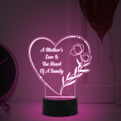 Heart Shape A Mothers Love is The Heart of A Family Engraved Night Lamp with Multicolored Light Best Gift for Mom