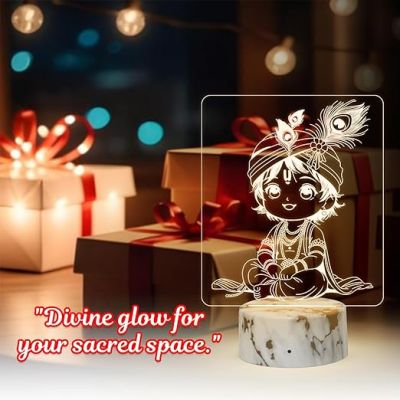 3D Illusion Lord Krishna Night lamp with Warm White Light Religious Gift Temple Pooja Room Decor