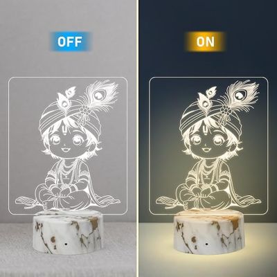 3D Illusion Lord Krishna Night lamp with Warm White Light Religious Gift Temple Pooja Room Decor