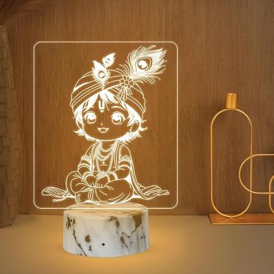 3D Illusion Lord Krishna Night lamp with Warm White Light Religious Gift Temple Pooja Room Decor