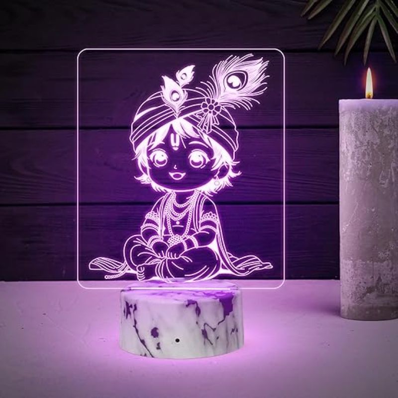 3D Illusion Lord Krishna Night Lamp with Multicolored Light Religious Gift Temple Pooja Room Decor