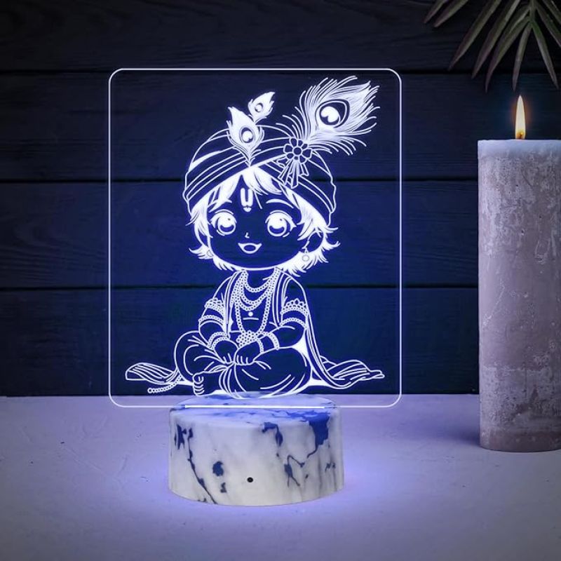 3D Illusion Lord Krishna Night Lamp with Multicolored Light Religious Gift Temple Pooja Room Decor