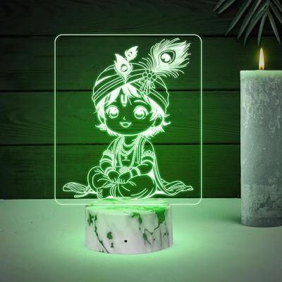 3D Illusion Lord Krishna Night Lamp with Multicolored Light Religious Gift Temple Pooja Room Decor