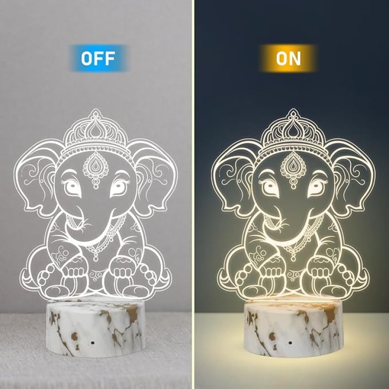 3D Illusion Lord Shree Ganesha Night Lamp with Warm White Light Blessing Gift Home, Office, Pooja Room Religious Decoration