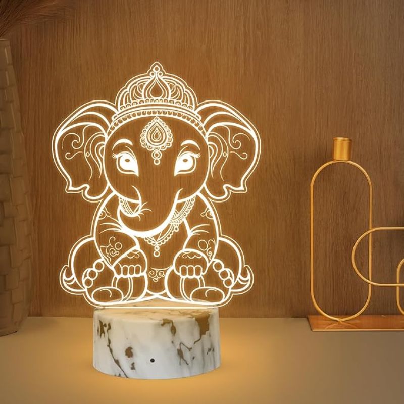 3D Illusion Lord Shree Ganesha Night Lamp with Warm White Light Blessing Gift Home, Office, Pooja Room Religious Decoration
