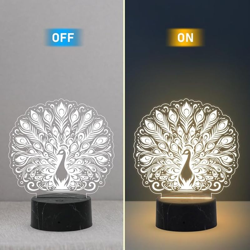 3D Illusion Peacock Night Lamp with Warm White Light Return Gift Kids Birthday Home & Office Decor Light