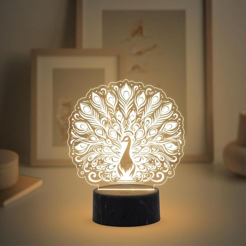 3D Illusion Peacock Night Lamp with Warm White Light Return Gift Kids Birthday Home & Office Decor Light