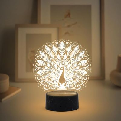 3D Illusion Peacock Night Lamp with Warm White Light Return Gift Kids Birthday Home & Office Decor Light