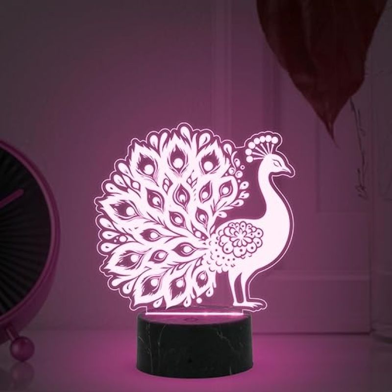 3D Illusion Peacock Night Lamp with Automatic Color Changing Light Return Gift Kids Birthday | Home & Office Decor Light