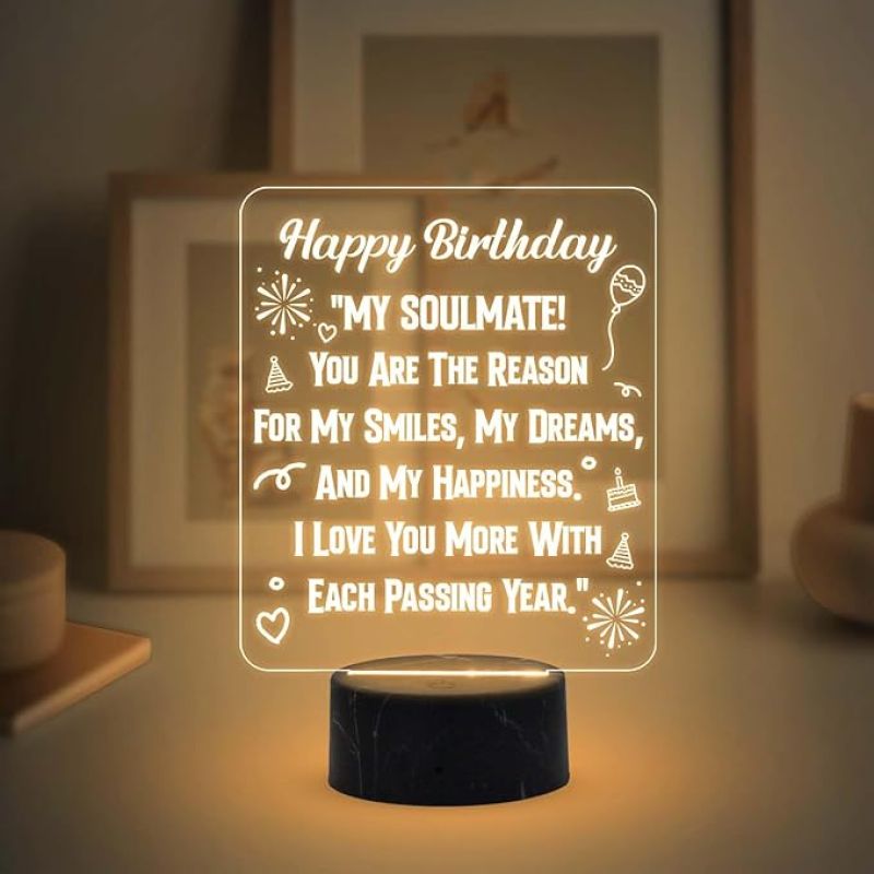 Happy Birthday My Soulmate Engraved Night Lamp with Warm White Light Birthday Gift for Soulmate Wife Girlfriend