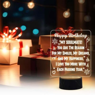 Happy Birthday My Soulmate Engraved Night Lamp with Warm White Light Birthday Gift for Soulmate Wife Girlfriend