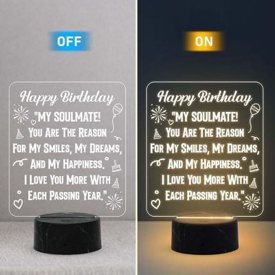 Happy Birthday My Soulmate Engraved Night Lamp with Warm White Light Birthday Gift for Soulmate Wife Girlfriend