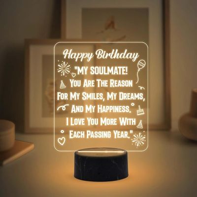 Happy Birthday My Soulmate Engraved Night Lamp with Warm White Light Birthday Gift for Soulmate Wife Girlfriend