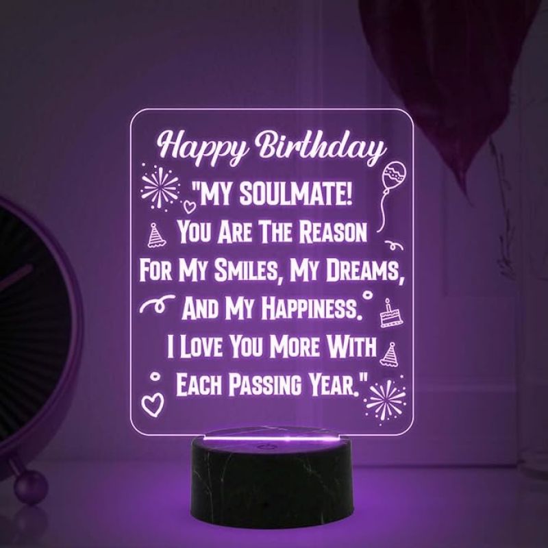 Happy Birthday My Soulmate Engraved Night Lamp with Multicolored Light Birthday Gift for Soulmate Wife Girlfriend