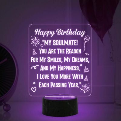 Happy Birthday My Soulmate Engraved Night Lamp with Multicolored Light Birthday Gift for Soulmate Wife Girlfriend