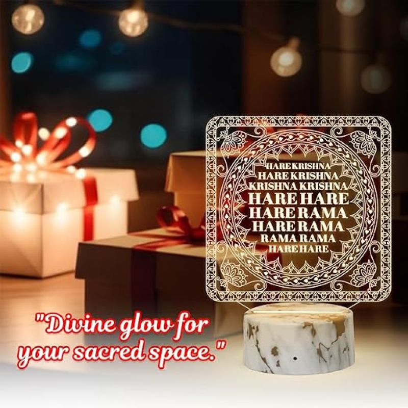 3D Illusion Here Krishna Mantra Night Lamp with Warm White Light Temple, Home, Janmashtami Decoration Items