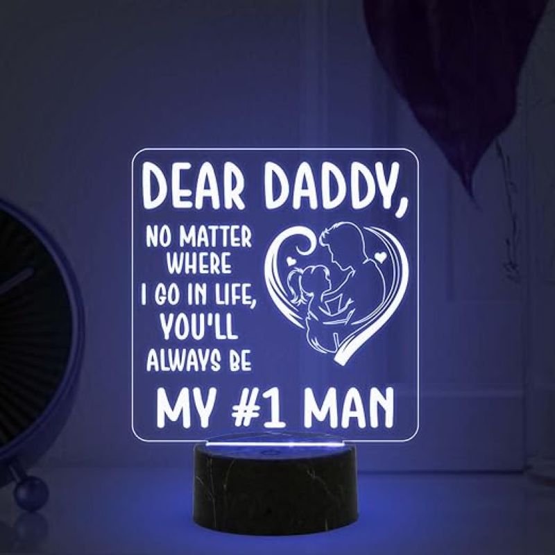 Dear Daddy My #1 Man Engraved Night Lamp with Automatic Color Changing Light Fathers Day Gift for Dad Birthday Gift for Dad from Daughter Son