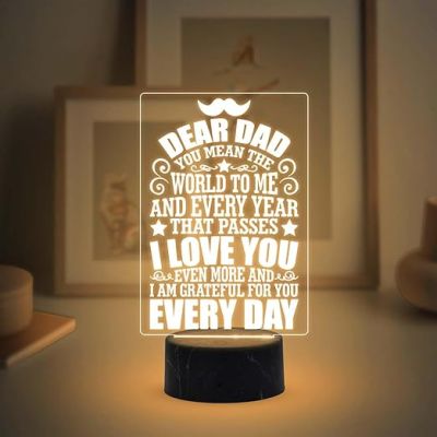 Dear Dad Engraved Night Lamp with Warm White Light Birthday Gift for Dad from Daughter Son Fathers Day Gift for Dad
