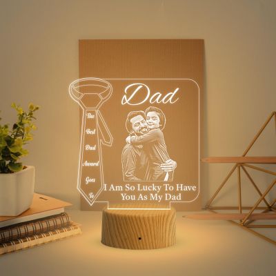 Dad Engraved Photo night lamp with Warm White Light Customized Photo Fathers Dad Gift for Dad, Father in Law, Dadaji Birthday Gift Dad from Daughter & Son