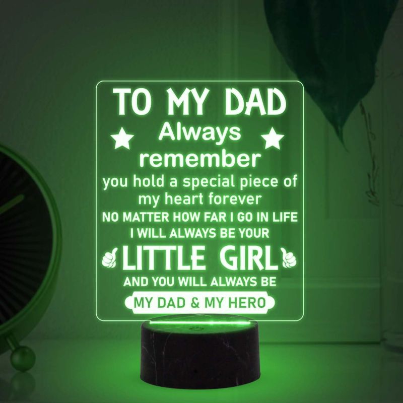 To My Dad Always Remember Engraved Night Lamp with Automatic Color Changing Light Birthday Gift for Dad from Daughter Fathers Day Gift for Dad