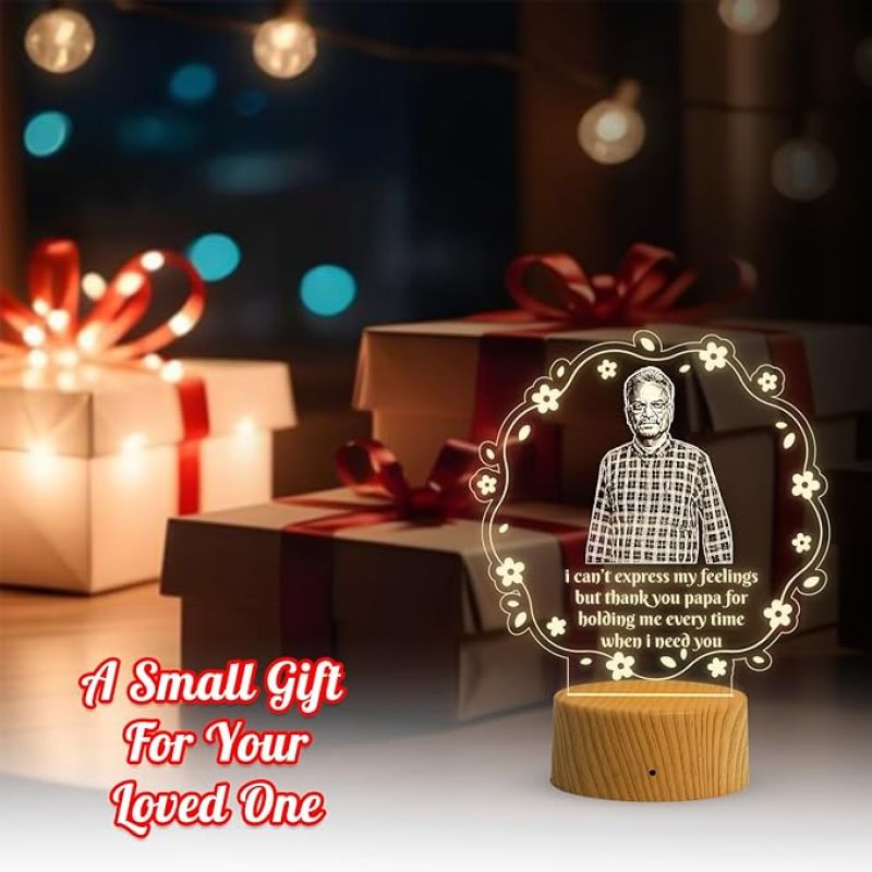 Personalized Father Photo night lamp with Warm White light Customized Photo & Text Fathers Day & Memorable Birthday Gift for Dad