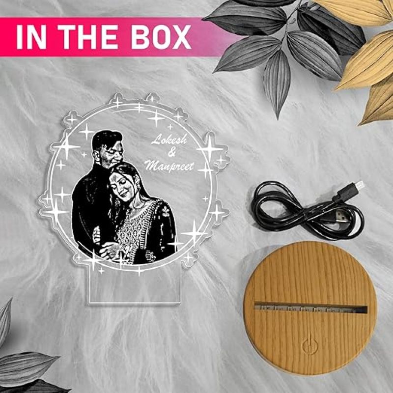 Personalized Couple Photo night lamp with Warm White Light Customized Photo Name Anniversary Gift for Bhaiya Bhabhi, Husband Wife, Parents, Sister jiju
