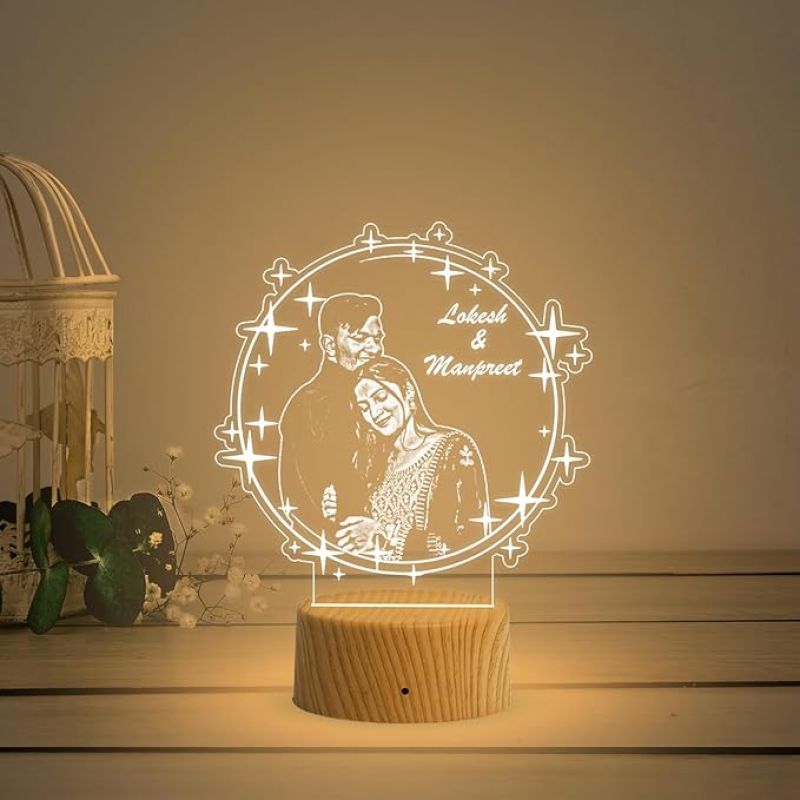 Personalized Couple Photo night lamp with Warm White Light Customized Photo Name Anniversary Gift for Bhaiya Bhabhi, Husband Wife, Parents, Sister jiju