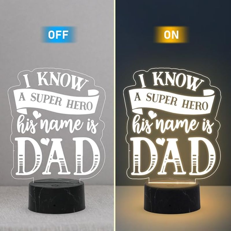 I Know a Super Hero His Name is Dad Engraved night lamp with Warm White Light  Best Gift Dad from Son & Daughter | Fathers Day Gift Birthday Gift Dad Bedroom, Living Room, Kids Room Decor