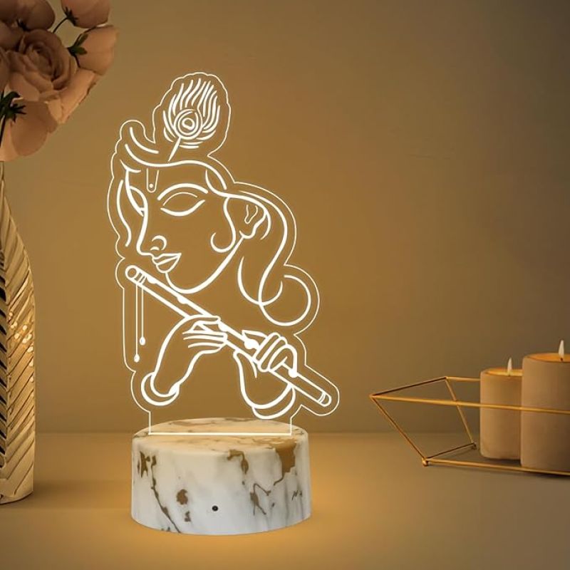 3D Illusion Krishna God Night Lamp with Warm White Light Home Office & Pooja Room Decor Religious Gift Items