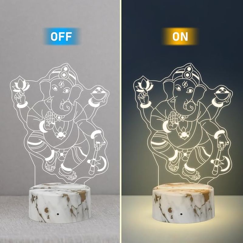 3D Illusion Ganesh God Night Lamp with Warm White Light Home Office & Pooja Room Decor Religious Gift Items