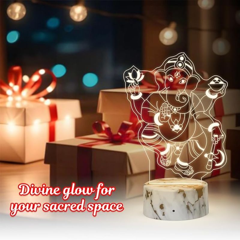 3D Illusion Ganesh God Night Lamp with Warm White Light Home Office & Pooja Room Decor Religious Gift Items