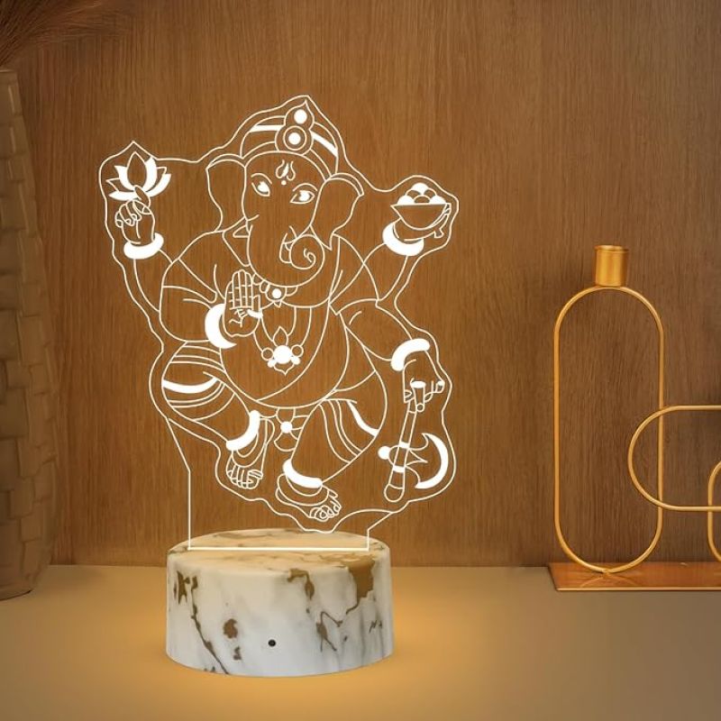 3D Illusion Ganesh God Night Lamp with Warm White Light Home Office & Pooja Room Decor Religious Gift Items
