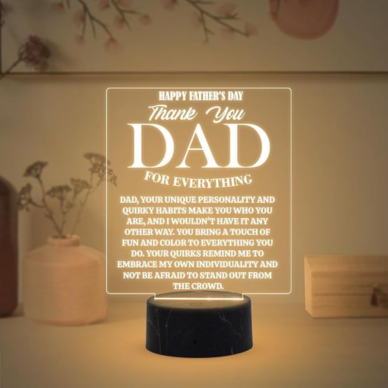 Happy Fathers Day Thankyou Dad for Everything Engraved Night Lamp with Warm White Light Memorable Fathers Day Gift for Dad from Daughter & Son