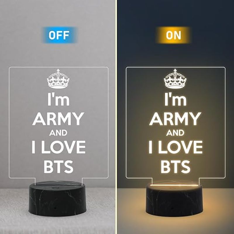 3D Illusion I am Army and I Love BTS Engraved Night Lamp with Warm White Light Gift for BTS Army Fans