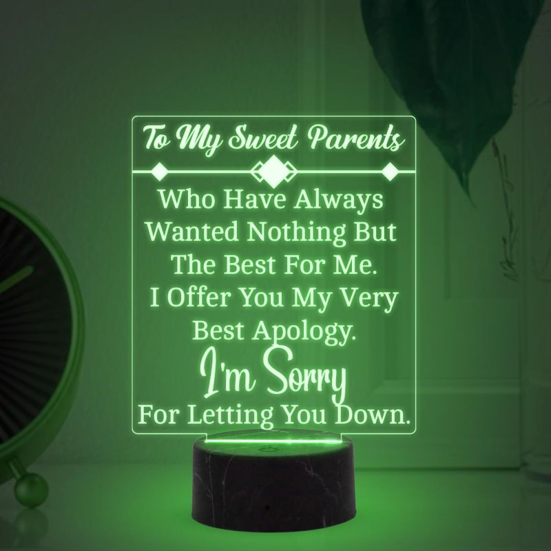 To My Sweet Parents Engraved Night Lamp with Automatic Color Changing Light Gift for Parents Sorry Gift for Parents