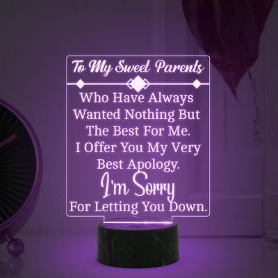 To My Sweet Parents Engraved Night Lamp with Automatic Color Changing Light Gift for Parents Sorry Gift for Parents