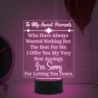 To My Sweet Parents Engraved Night Lamp with Automatic Color Changing Light Gift for Parents Sorry Gift for Parents