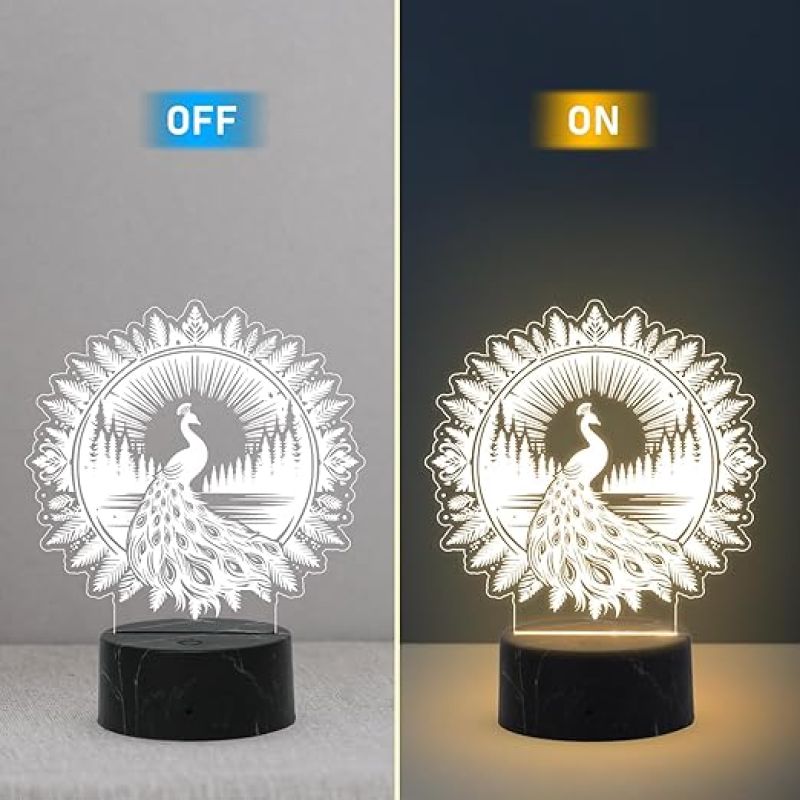 3D Illusion Peacock night lamp with Warm White Light Traditional. Home, Bedroom, Living Room Decor