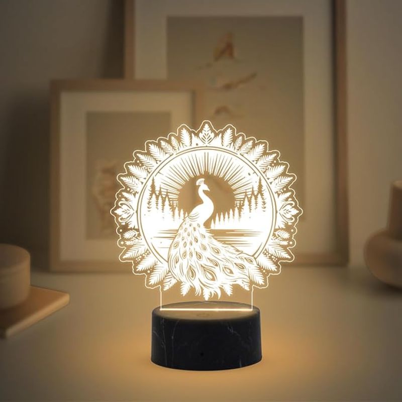 3D Illusion Peacock night lamp with Warm White Light Traditional. Home, Bedroom, Living Room Decor