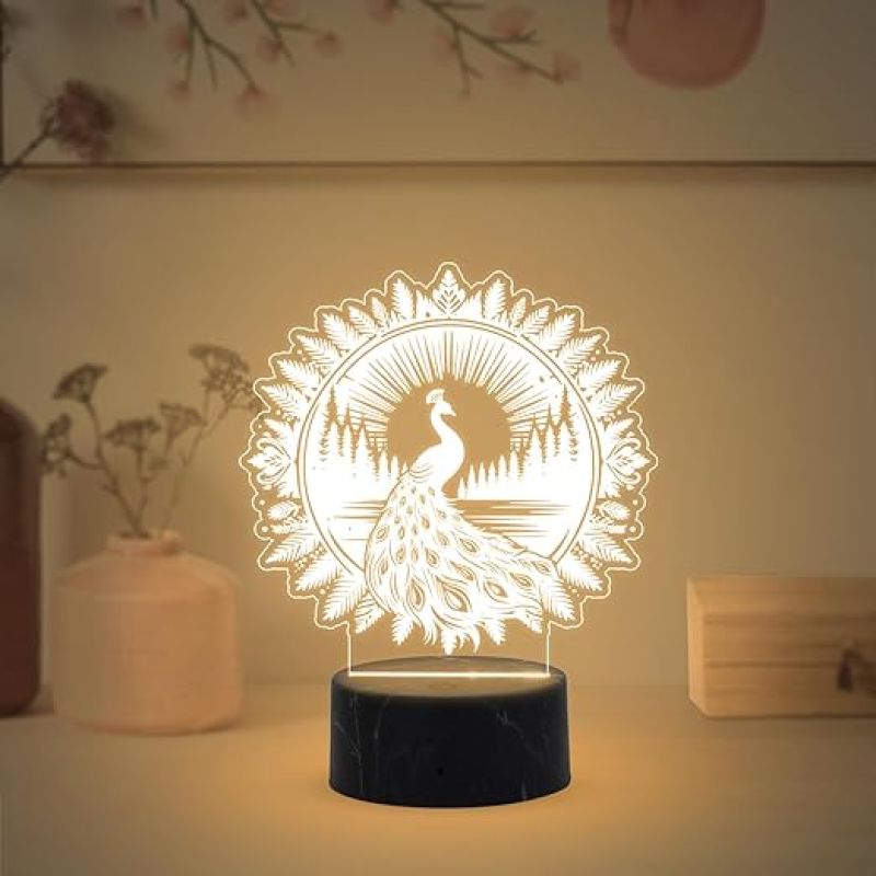 3D Illusion Peacock night lamp with Warm White Light Traditional. Home, Bedroom, Living Room Decor