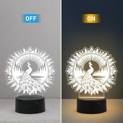 3D Illusion Peacock night lamp with Warm White Light Traditional. Home, Bedroom, Living Room Decor