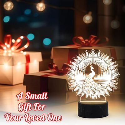 3D Illusion Peacock night lamp with Warm White Light Traditional. Home, Bedroom, Living Room Decor